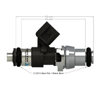ID2600-XDS Fuel Injector Single, 48mm Length, 14mm Grey Adaptor Top, 14mm Lower O-Ring