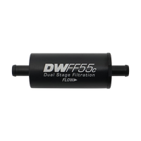 In-line fuel filter element and housing kit, stainless steel 10 micron, 3/8in hose barb, 55mm. Universal