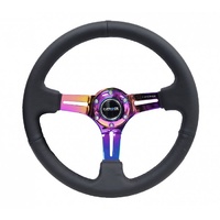 Reinforced Steering Wheel - 350mm / 3in. Deep - Black Leather and Stitch w/Neochrome Slit