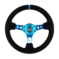 NRG Reinforced Steering Wheel (350mm) 3in Deep Blue Spoke W/ Holes - Black Suede Blue Stripe/Stitch