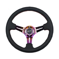 NRG Reinforced Steering Wheel (350mm / 3in. Deep) Blk Leather/Red Stitch w/Neochrome Slits