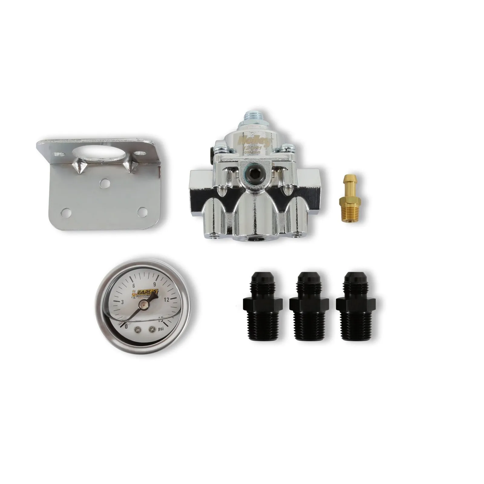 Holley Bypass Fuel Pressure Regulator Kits 12-881KIT Regulators, Die-Cast By-Pass, Adjustable, 4.5-9 psi, Return Style, Inline, 3/8 in.-NPT, 1/8 in.-NPT Ports, Fittings, Gauge, Bracket, Kit thumbnail 5