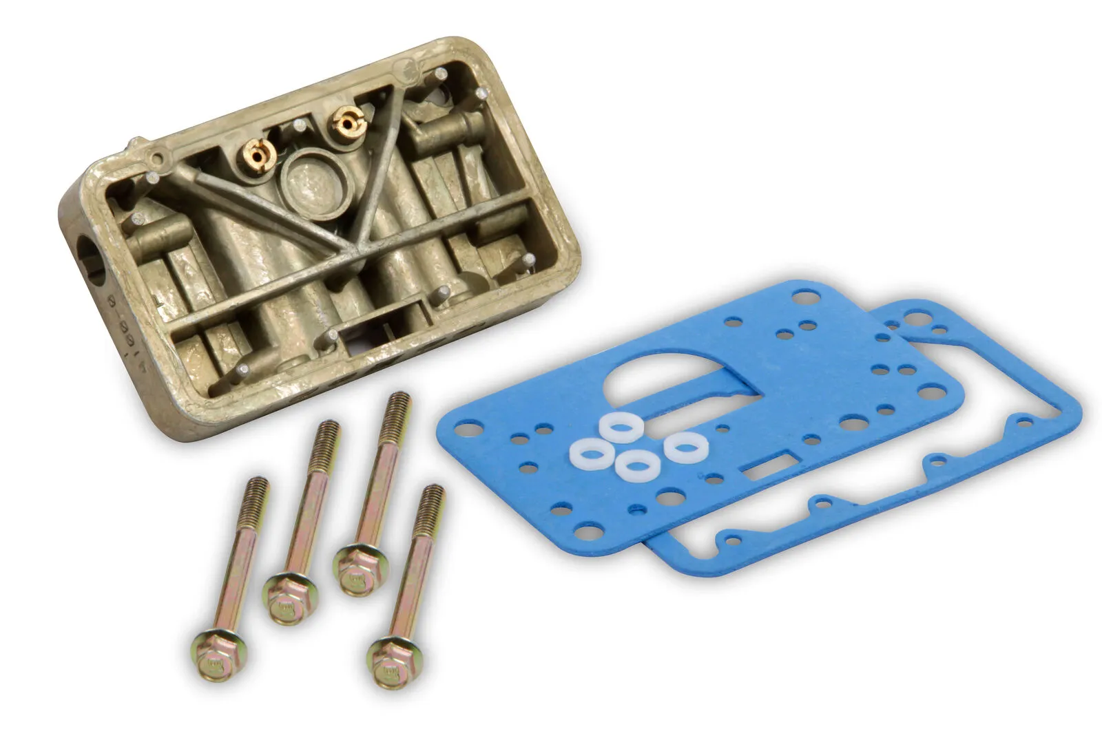 Holley Metering Block Conversion Kits 34-13 Kits, Block, 4160 to 4150 Model, Cast Aluminum, Gold Iridited Finish, Gaskets, Long Screws Included, Kit thumbnail 4