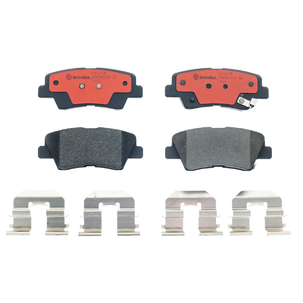 Brembo NAO Ceramic Brake Pads P30047N Pads, Brembo, Ceramic, Integrally Molded, Shims, with Hardware, For Hyundai, Set
