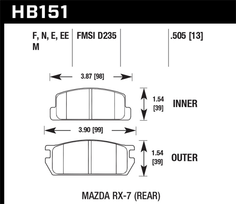 Hawk Performance HP Plus Brake Pads HB151N.505 Pads, Plus, Rear, Mazda, RX-7, Set