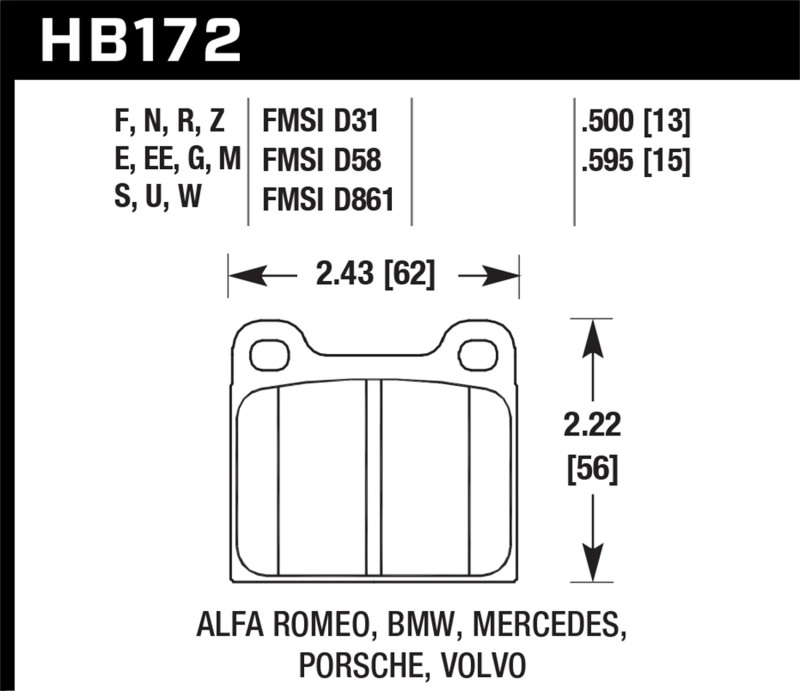 Hawk Performance DTC 30 Brake Pads HB172W.595 Pads, 30, Ferro-Carbon, Alfa Romeo, Audi, Mercedes-Benz, Opel, Porsche, Saab, Volkswagen, Volvo, Set
