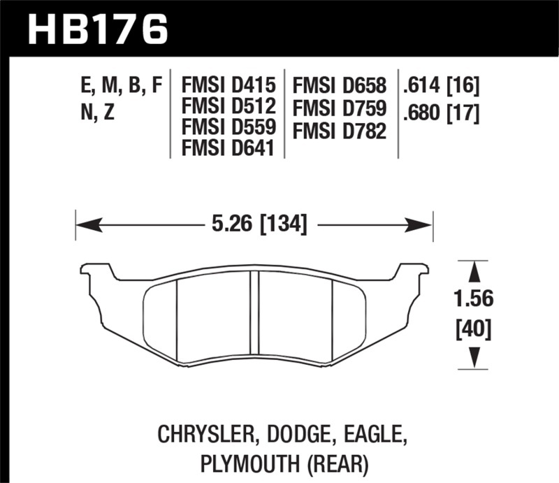 Hawk Performance Ceramic Brake Pads HB176Z.614 Pads, Ceramic, Rear, Chrysler, Dodge, Eagle, Plymouth, Set