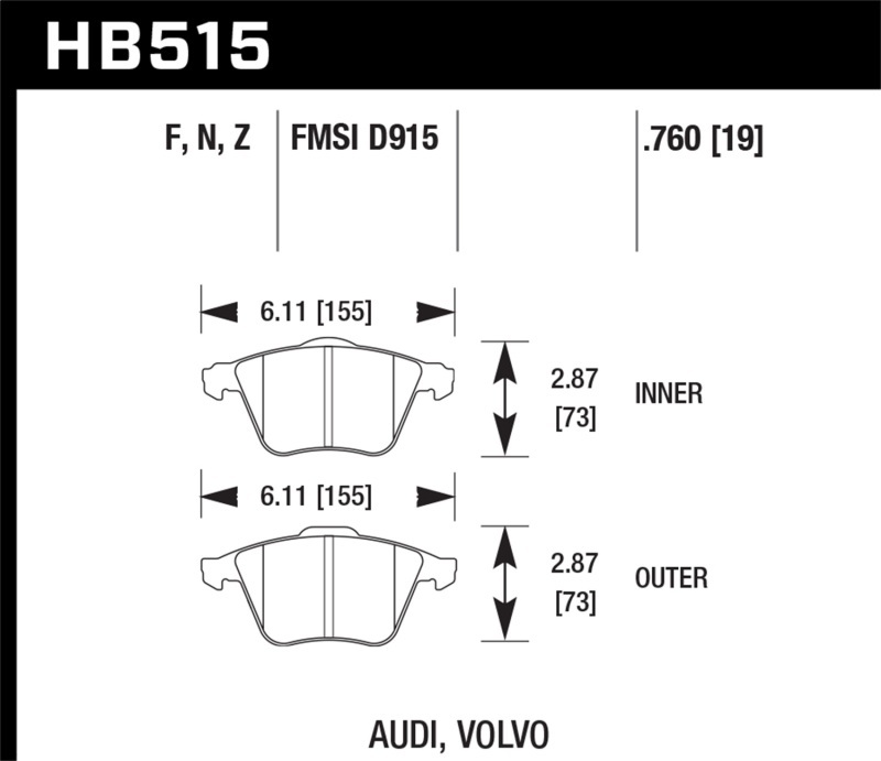 Hawk Performance Ceramic Brake Pads HB515Z.760 Pads, Ceramic, Front, Audi, Set